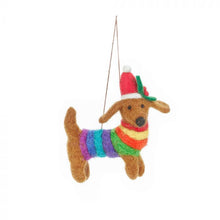 Load image into Gallery viewer, Felt Daschund LGBTQ Pride Rainbow Christmas Decoration
