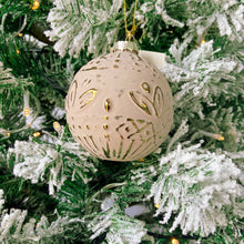 Load image into Gallery viewer, Bisque neutral glass tree decoration with embossed gold design
