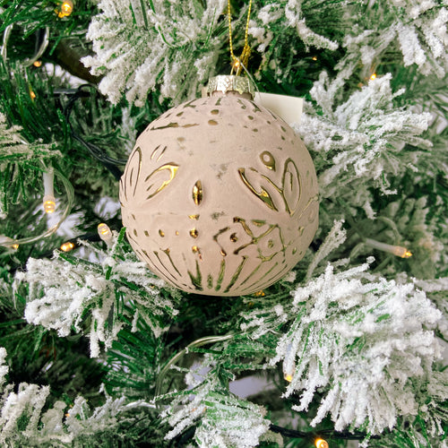 Bisque neutral glass tree decoration with embossed gold design