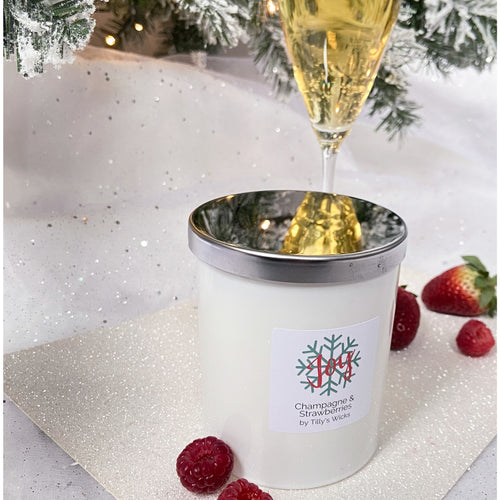 Champagne and strawberries candle in white jar