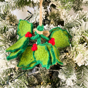 Felt holly sprig christmas tree decoration