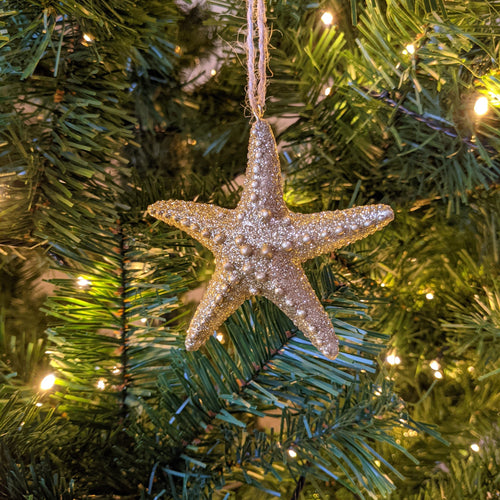 Gold glitter starfish hanging Christmas tree ornament