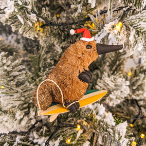 Platypus on surfboard christmas tree ornament