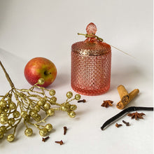 Load image into Gallery viewer, Vanilla bean, apple, cinnamon sticks, clove bud, star anise, in rose gold tear drop candle jar
