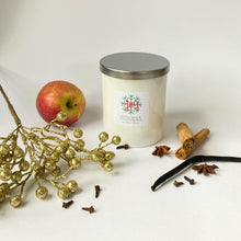 Load image into Gallery viewer, Vanilla bean, cinnamon sticks, cloves, apple with white candle jar
