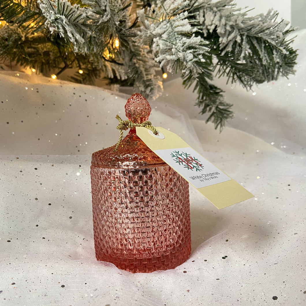 Rose gold cande jar white christmas fragrance pine sprigs and fairy lights